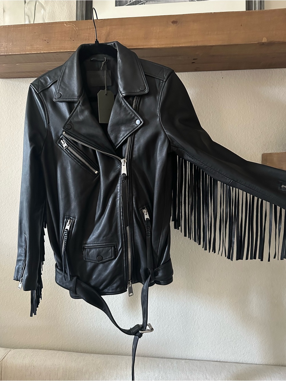 NWT AllSaints Billie Fringe Tassel Western Leather Biker Jacket, Black, Sz Small